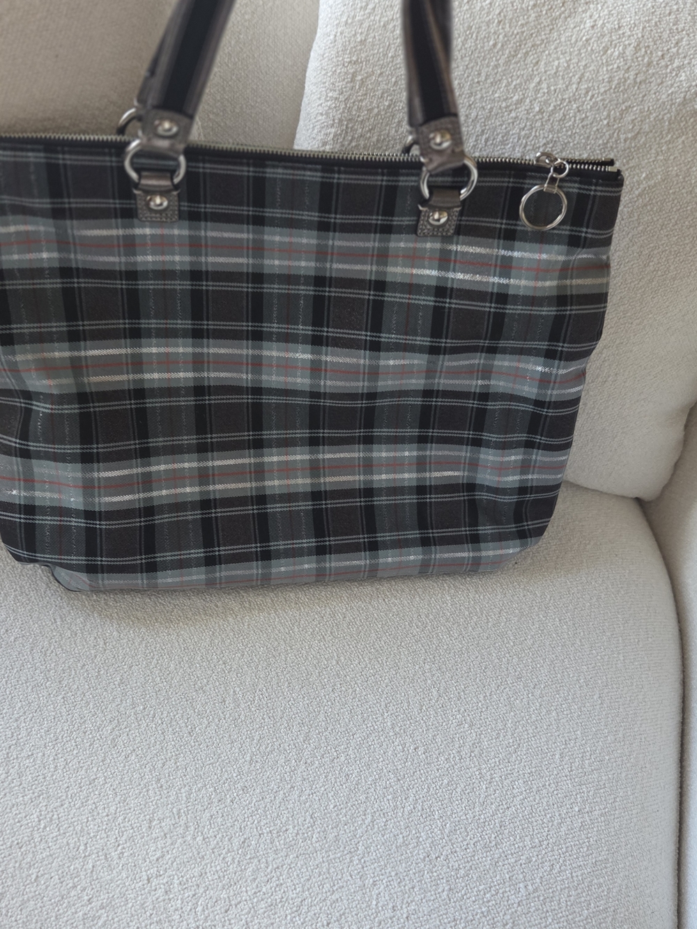 Coach Poppy Plaid Tote with Black Trim and Charm Accents - Picture 2 of 4